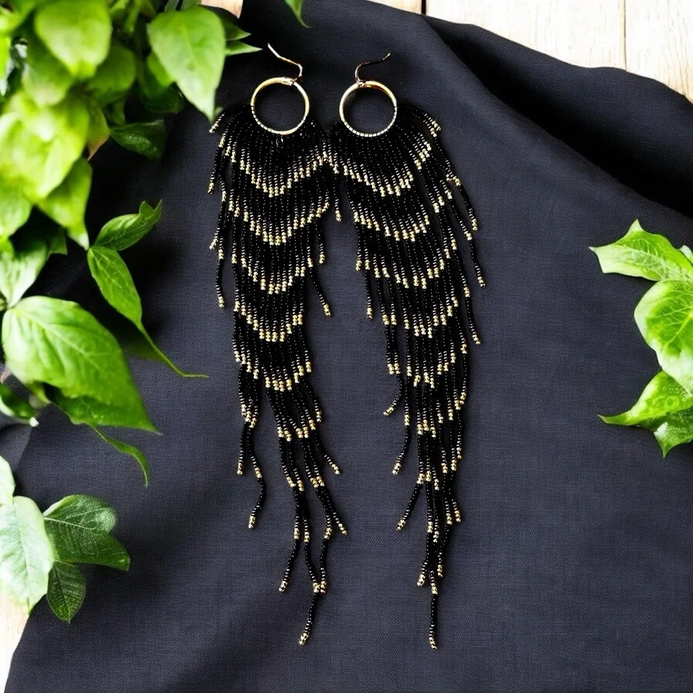 Black and Gold Glass Beaded Chandelier Earrings with Cascading Feather Design - Picture 5 of 17